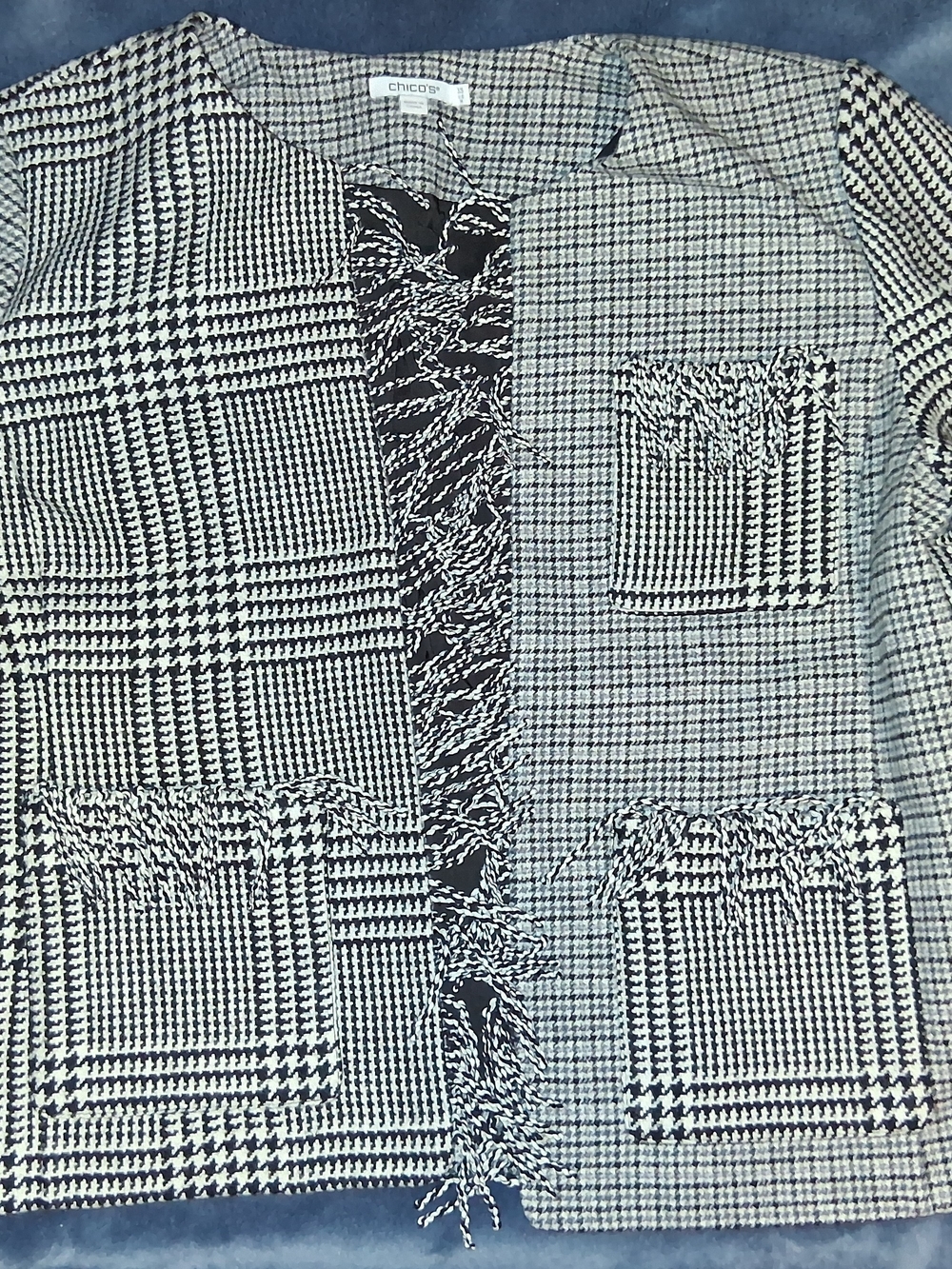 Chico's Black & White Tweed Fringe Jacket